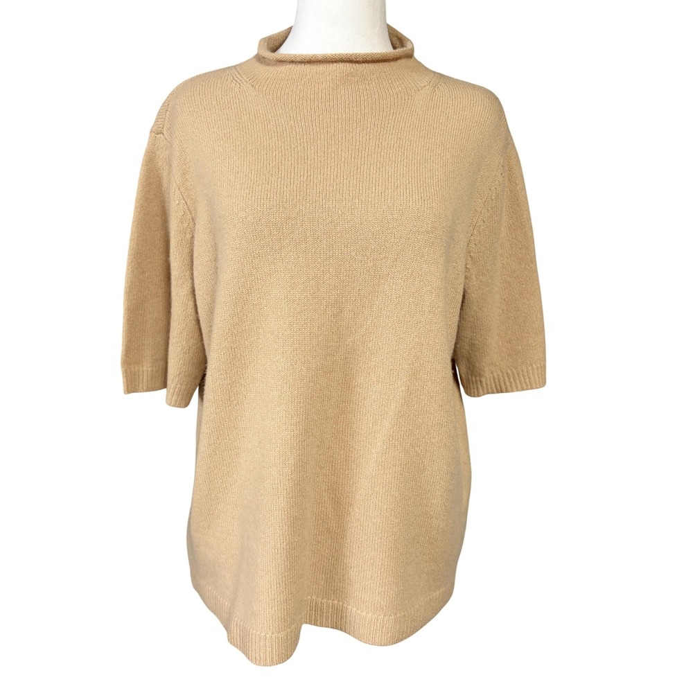 Ann Taylor Sweater Womens L Beige 100% Cashmere Mock Neck Short Sleeve Pullover